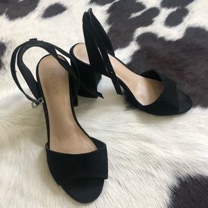 Therapy Black Suede Open Toe Block Heels